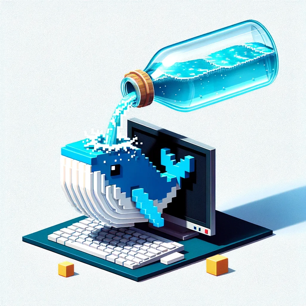 Image of a bottle pouring water into a fish tank shaped like a monitor, containing a blue whale